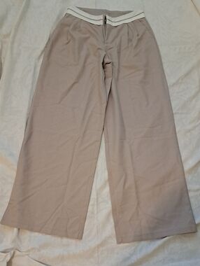 SHEIN Taupe Wide-Leg Trousers with White Trim Waist